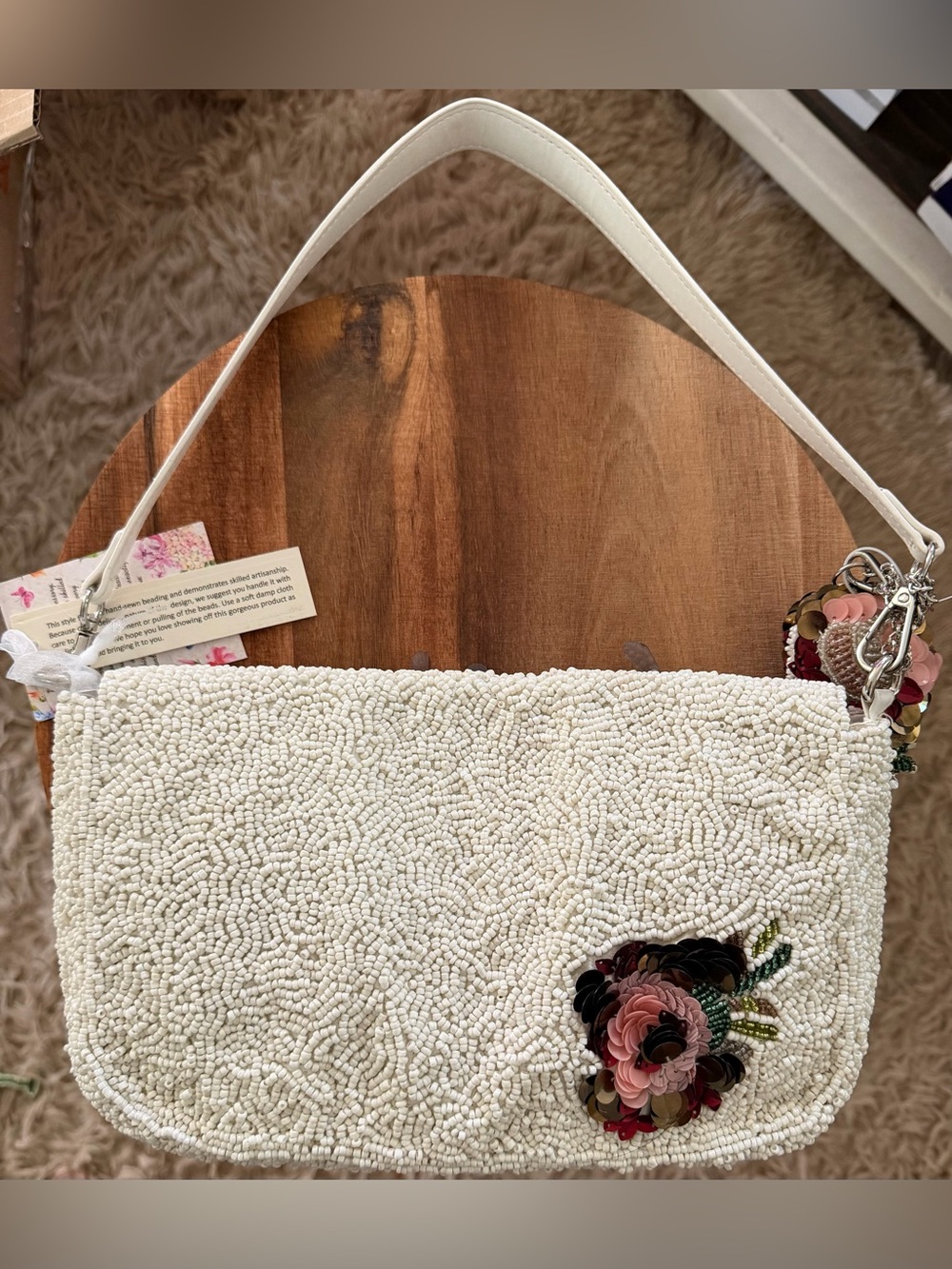White Hand Beaded Shoulder Bag with Pink & Green Floral Appliqué - Picture 2 of 7
